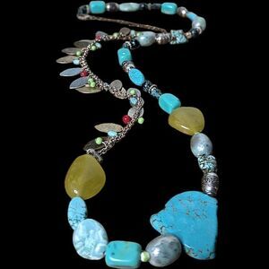 Chicos Mixed Metal Stone & Bead Long Necklace 16" Drop